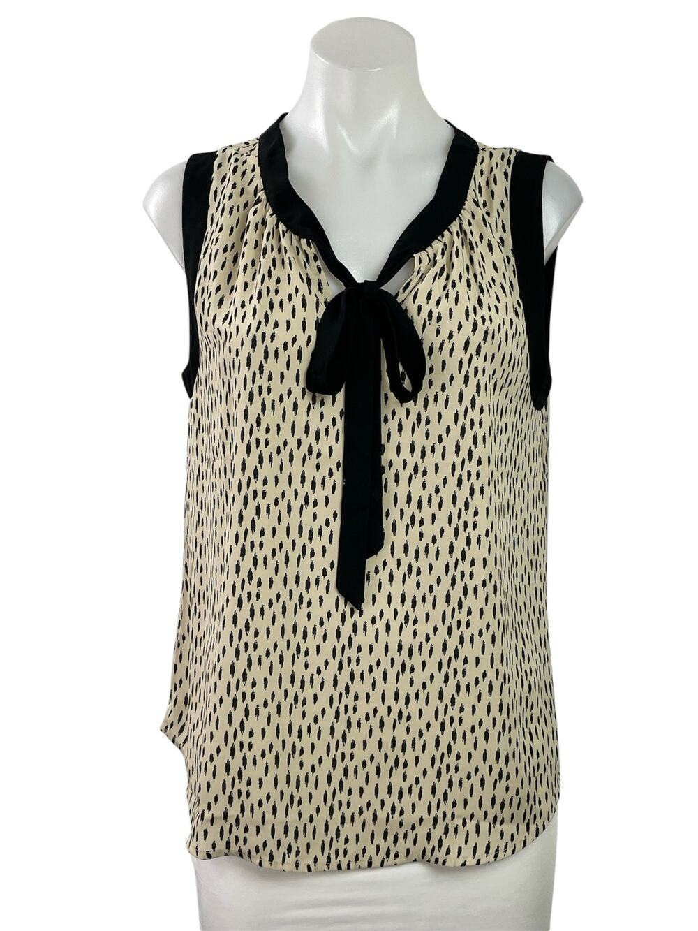 West K Women's Beige Black Dotted Tie Bow Sleeveless Tank Blouse Top Size M